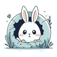 Cute bunny in a hole in the ground. Vector illustration.