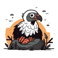 Vector illustration of a vulture sitting on a rock. Cartoon style.