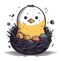 Vector hand drawn illustration of cute little chick in nest with eggs.