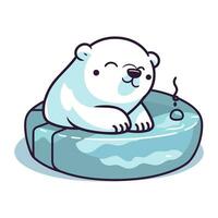 Cute cartoon polar bear sitting on an ice cube. Vector illustration.