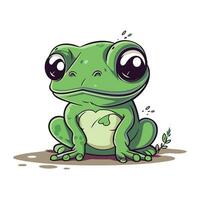 Cute cartoon green frog sitting on the ground. Vector illustration.