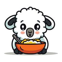 Cute Cartoon Sheep Eating Rice Bowl Vector Character Illustration Design.