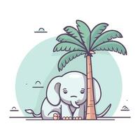 Cute cartoon elephant sitting on the palm tree. Vector illustration.