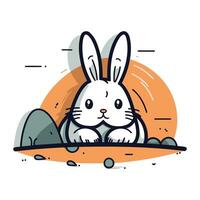 Vector illustration of cute cartoon rabbit sitting on ground in flat style.