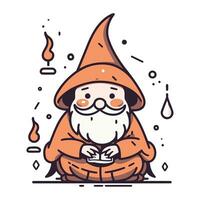 Cute gnome sitting in a pot with a candle. Vector illustration.