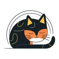 Cute cat sleeping on a round white background. Vector illustration.