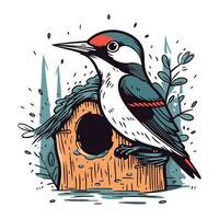 Hand drawn vector illustration of a woodpecker in a birdhouse.