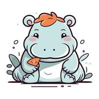 Cute hippo sitting and eating carrot. Cartoon vector illustration.