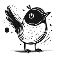 vector black and white illustration of a cute little bird with wings spread