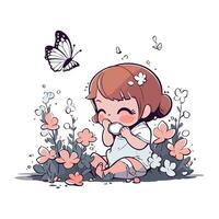 linda pequeño niña jugando con flores y mariposas vector ilustración.