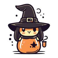 Cute witch hat with pumpkin. Vector illustration in cartoon style.