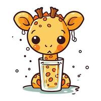 Cute giraffe with a glass of milk. Vector illustration.