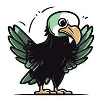 Cartoon vector illustration of a big black bird with green wings.