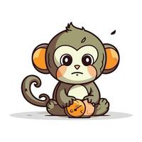 Monkey sitting and eating an orange. Cute cartoon vector illustration.