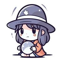 A cute cartoon girl wearing a hat and holding a crystal ball. vector