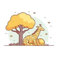 Giraffe sitting under a tree. Vector illustration in cartoon style.