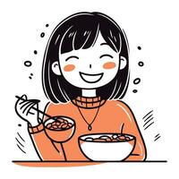 ilustración de un joven mujer comiendo un cuenco de cereales. vector