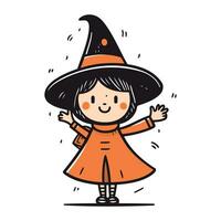 Cute little girl in witch costume. Vector illustration in doodle style.