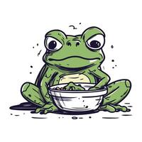 Frog and bowl of salad. Vector illustration in cartoon style.