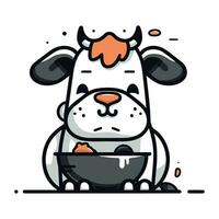 Cute cow with bowl of food. Vector illustration in flat style.