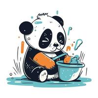 Cute panda bear with a bucket of water. Vector illustration