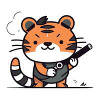 Cute tiger with a gun. Vector illustration in cartoon style.