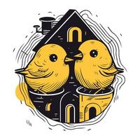 Vector illustration of two cute birds sitting on the chimney of the house