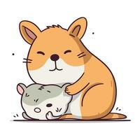 Cute kawaii hamster hugging his little dog. Vector illustration.