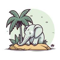 Elephant sitting on the island with palm tree. Vector illustration.