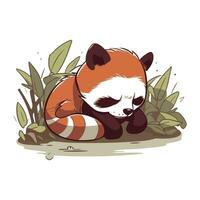 Cute red panda sleeping on the ground. Vector illustration.