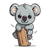 Cute koala sitting on a wooden log. Vector illustration.