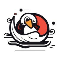 Cute cartoon penguin in the boat. Vector illustration on white background.
