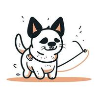 Cute cartoon dog with leash. Vector illustration in doodle style.