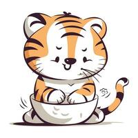 Cute tiger sitting and holding a bowl of food. Vector illustration.