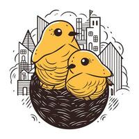 Vector illustration of two cute chickens in a nest. Hand drawn style.