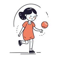 Cute little girl playing basketball. Vector illustration in cartoon style.