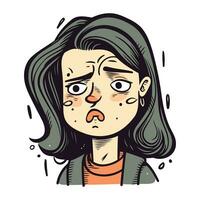 dibujos animados ilustración de un mujer con un triste expresión en su rostro. vector