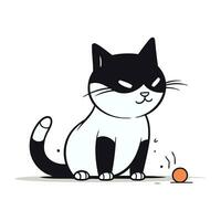 Black cat with a ball on a white background. Vector illustration.