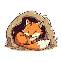 Cute fox in a cave. Vector illustration. Cartoon style.