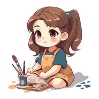 linda pequeño niña pintura con cepillo y paleta. vector ilustración.