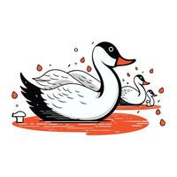 Vector illustration of a swan with a duckling on a white background