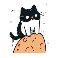Cute black and white cat sitting on a rock. Vector illustration.