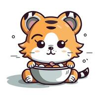 Cute cartoon tiger with a bowl of food. Vector illustration.