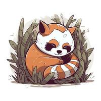 Cute red panda sitting on the grass. Vector illustration.