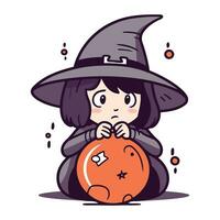 Cute little girl in witch costume with pumpkin. Vector illustration.