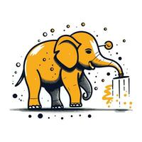 Vector hand drawn cartoon illustration of an elephant drinking from a bottle.