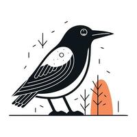 Crow in the forest. Black and white vector illustration in flat style.