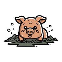 Cute little piggy in the mud. Vector illustration isolated on white background.