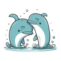 Illustration of two cute dolphins in the water. Vector illustration.