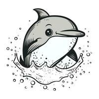 Dolphin swimming in the sea. Vector black and white illustration.